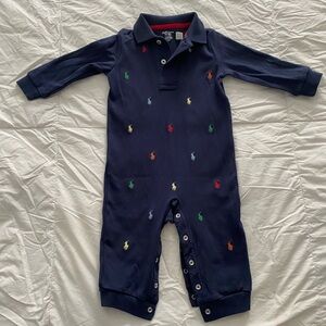 Ralph Lauren Navy Footie with Multicolor Embroidery